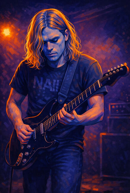 Leo Playing Lead Guitar Graphic novel style of Leo playing lead guitar on stage