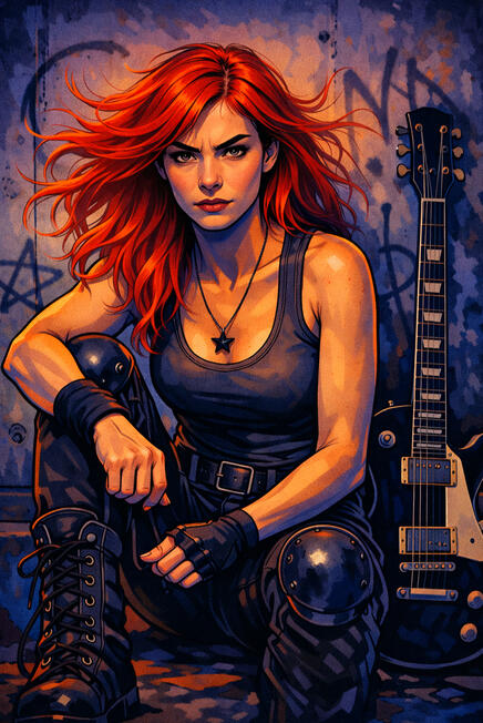 Exit With Guitar Graphic novel style of Exit sitting in an alley against a wall with her black electric guitar propped up against the wall next to her