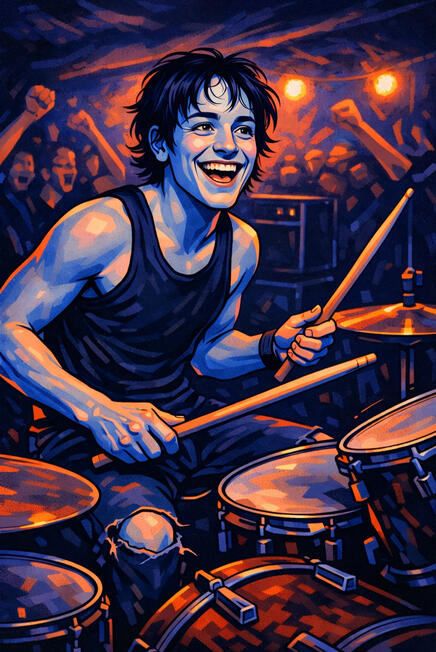 Jax Drumming Graphic novel style of Jax smiling while drumming with crowd in background