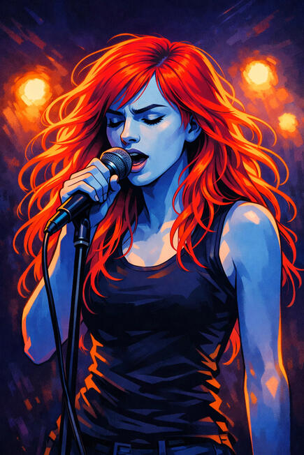 Exit Singing Graphic novel style image of exit singing with eyes closed into a microphone on stage with stage lights behind her