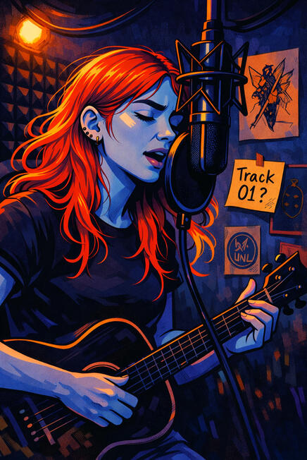 Graphic novel style image of Exit singing into a microphone in a home made recording booth in her closet at home with notes taped to the wall