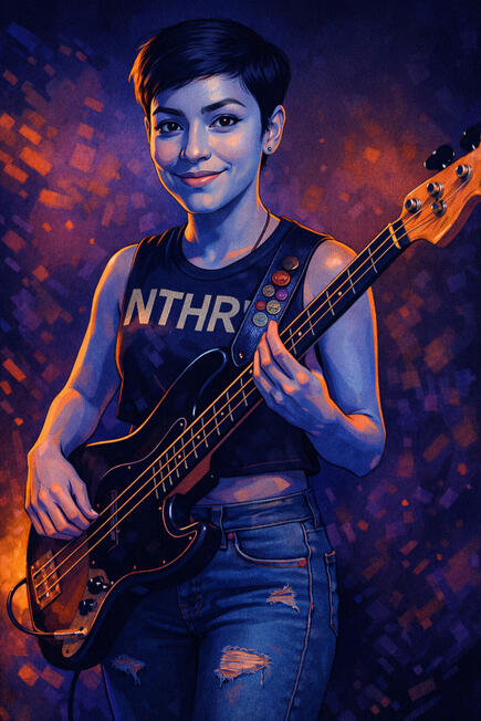 Graphic novel style image of Dev with their Bass Guitar