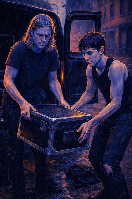 Graphic novel style image of Leo and Jax unloading a music equipment crate from the back of the tour van