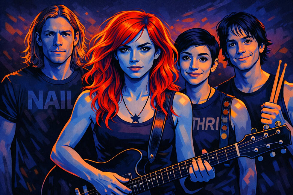 Volume Rising Core Band Graphic novel style image of the Volume Rising core band facing the viewer including Exit, Jax, Dev, Leo