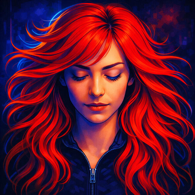 Graphic novel style image of face on view of Exit closeup and she had her eyes closed looking slightly down