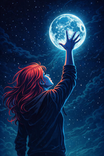 Graphic novel style image of Exit reaching up touching the moon in a starlit sky