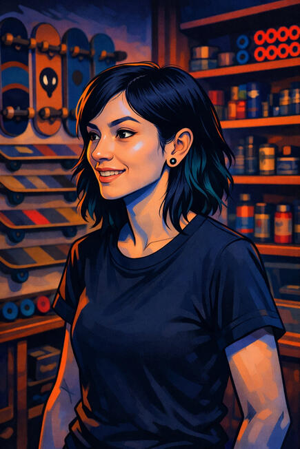 Cami At Her Skate Shop Graphic novel style image of Cami at her skateboarding shop in profile angle